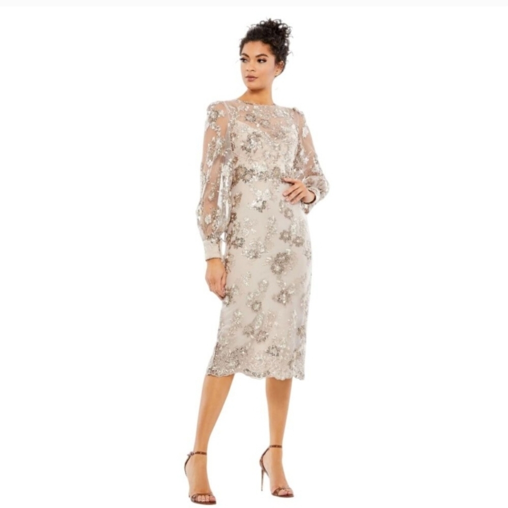 MAC DUGGAL
Embellished High Neck Illusion Long Sleeve Midi Dress